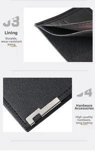 Close-up of black leather wallet showing durable lining, card slots and metal hardware