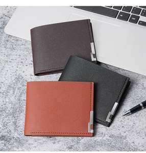Short bifold wallets for men with l-shaped metal corner trim and lychee grain texture
