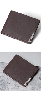 Detailed view of brown bifold men's wallet with metal corner and contrast stitching