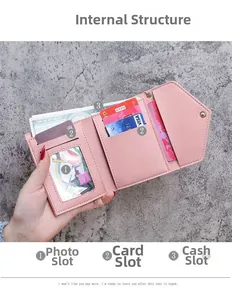 Dettaglio dell'interno del portafoglio in similpelle rosa con scomparti per carte