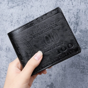 Men's black PU leather bifold wallet with embossed one hundred dollar bill design