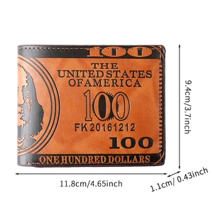 Classic brown PU leather men's short wallet with 100 dollar bill embossed pattern