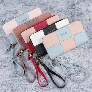 Long patchwork leather wallet for women with zipper and wrist strap in five colors