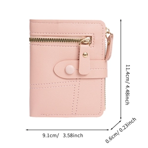 Slim pink PU leather wallet for women with zipper pocket and snap button closure