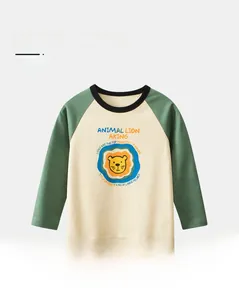 Close-up of cotton long sleeve t-shirt with cartoon lion print and raglan sleeves