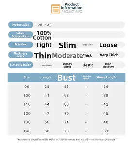 Size chart for 100% cotton kids' long-sleeve T-shirt showing detailed measurements and specs