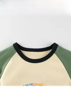 Detail of ribbed crew neck and green raglan sleeves on children's cotton t-shirt