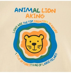 Detail of cartoon lion print and soft beige knit texture on boys long sleeve cotton t-shirt