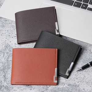 Three men's short leather wallets with L-shaped metal trim in coffee, black, and orange