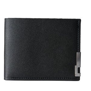 Men's bifold wallet in black lychee grain leather with a stylish silver metal trim