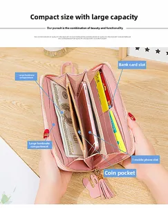 Detail of long leather wallet interior with card slots and large capacity compartments