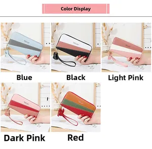 Multi-color long zip wallets with wrist strap featuring triple-color patchwork and tassels