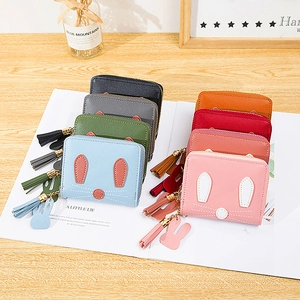 Cute bunny short zip wallet for women in eight colors with tassel and 3D ear details