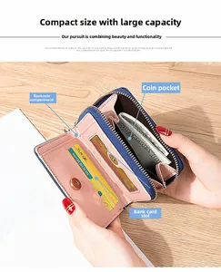 Close-up of blue and pink bi-fold mini wallet with multiple card slots and coin pocket