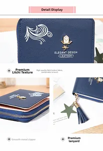 Macro detail of dark blue lychee grain wallet with rose hardware and tassel charm