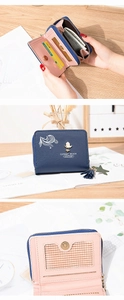 Three-way view of compact navy wallet showing card slots, bill compartment, and rose detail