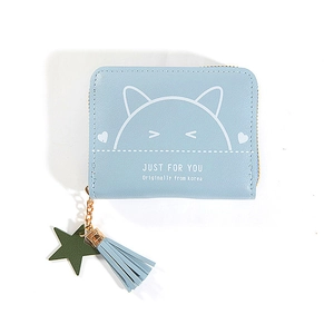 Short light blue PU leather wallet with cute white cat print and star tassel zipper