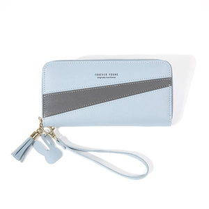 Long zip-around wallet for women with bicolor tassel and cute rabbit charm in light blue
