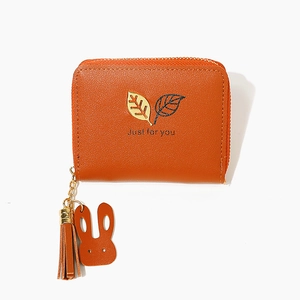 Orange PU leather leaf zip wallet with cute rabbit pendant and tassel for women