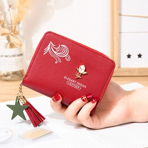 Women's Cute Short Zip Wallet Elegant PU Leather Coin Purse With Rose Metal Buckle Tassel Star Charm Credit Card Holder