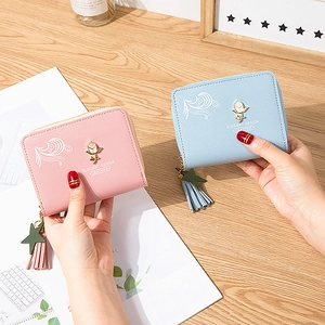 Women's cute mini PU leather short wallet with rose hardware and tassel in pastel colors