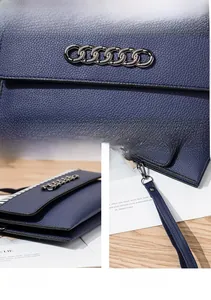 Detail view of navy blue pebbled leather wallet with silver chain and wristlet strap