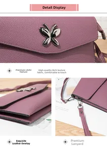 Detail view of purple lychee pattern leather crossbody bag with silver butterfly clasp