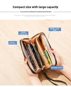 Detail of black long zipper wallet showing spacious interior slots for cash and smartphone