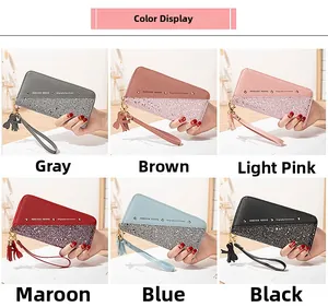 Overview of long sequin patchwork wallets in six colors with tassels and wristlets