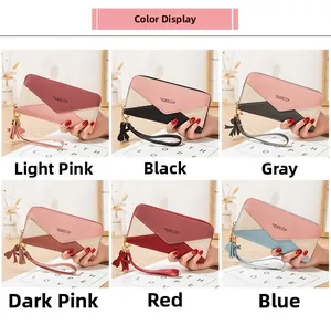 Detailed grid view of long zipper wallets with color-blocking and tassel bow details