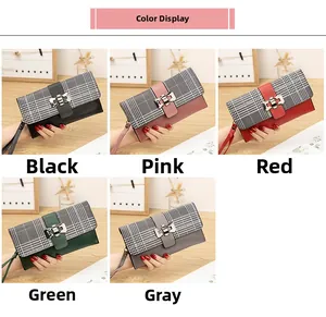 Detailed color display of checkered plaid long wallets with metal buckle and wrist strap