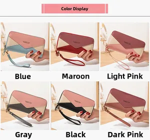 Detail view of double zipper long wallets for women in six multi-color patchwork designs