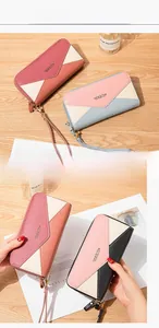 Detailed view of women's long double zipper wallets with geometric patchwork design