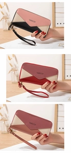 Three color-block long wallets for women with double zippers and wrist straps in detail