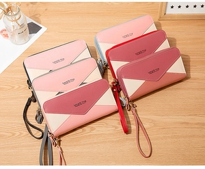 Collection of color-block long wallets with double zippers and detachable wrist straps