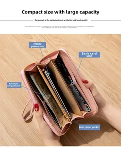 Internal view of pink PU leather long wallet showing multi-card slots and phone pocket