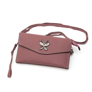 Pink butterfly hardware envelope crossbody bag in textured PU leather with detachable straps
