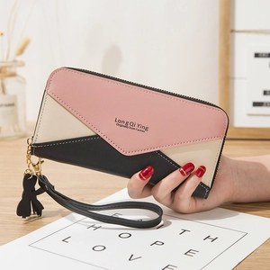 Women Long Wallet Color Block PU Leather Zipper Purse With Wristlet Tassel Large Capacity Phone Clutch Bag Elegant