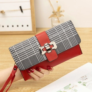 Fashion Women Long Wallet Houndstooth PU Leather Clutch Bag With Metal Buckle Wristlet Strap Multipurpose Phone Card Holder Bag