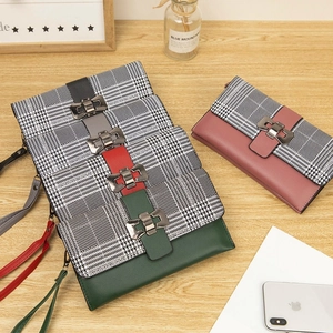 Classic houndstooth and PU leather long wallets with bow metal buckle and wrist strap