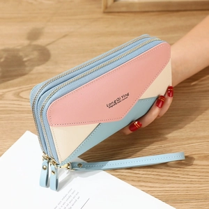 Women Long Wallet PU Leather Dual Zipper Large Capacity Patchwork Clutch Bag Phone Pocket Wristlet Fashion