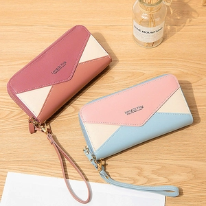 Women's long double zipper wallets with color block design and removable wrist straps