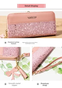 Détails du portefeuille en cuir PU rose avec pompon et dragonne amovible