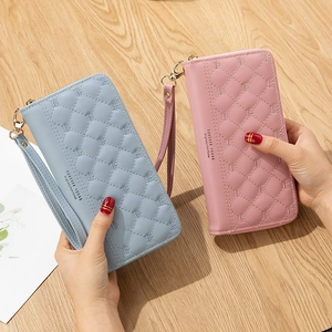 Quilted long PU leather women wallet with crown logo and detachable wrist strap