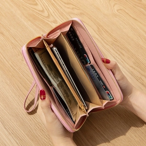 Pink PU leather long wallet for women with crown embroidery and multiple card slots