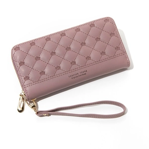 Quilted purple long wallet with crown embroidery and wristlet strap on white background