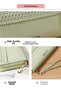Détail du portefeuille en cuir PU vert clair avec dentelle laser et zip métallique