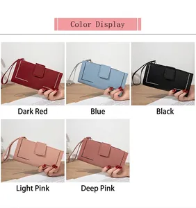Detalle de cinco variantes de color de carteras largas de cuero con hebillas de mariposa
