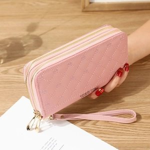 Women Long Wallet Double Zipper Clutch PU Leather Diamond Lattice Crown Embroidery Phone Handbag Fashion Card Holder Purse