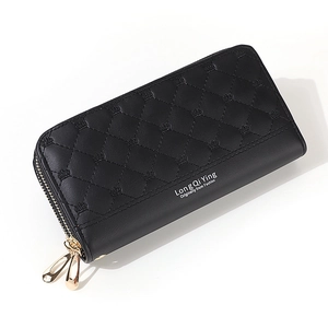 Black quilted long wallet for women with double zippers and gold crown embroidery